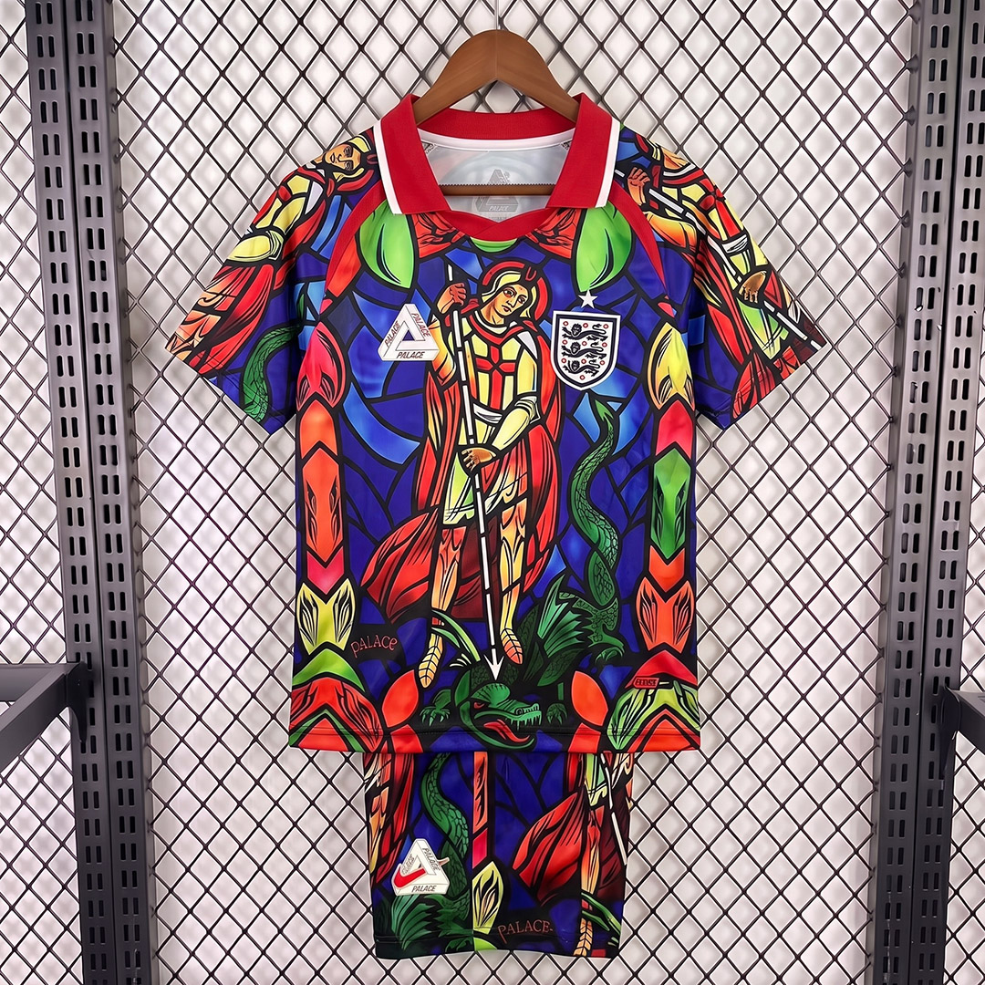 2026 England x Palace Skateboards St. George Dragon Stained-glass Red Kids Soccer Jersey